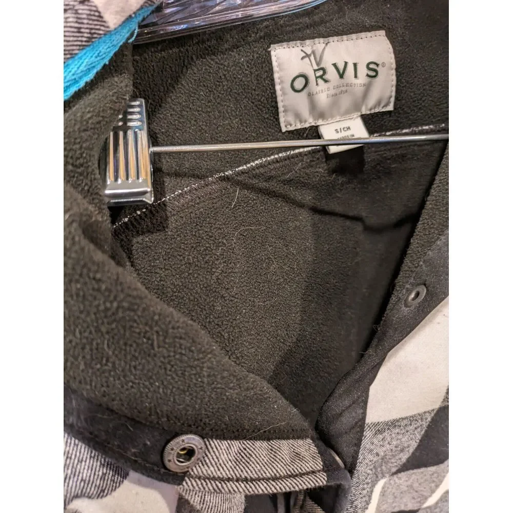 Orvis Women Jacket‎ Small Black White Check Plaid Shacket Fleece Snap Collar